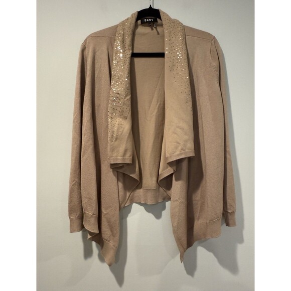 DKNY Cardigan Womens XS/S Tan Sequin Draped Open Front Stretch Academia Knit - Picture 1 of 6